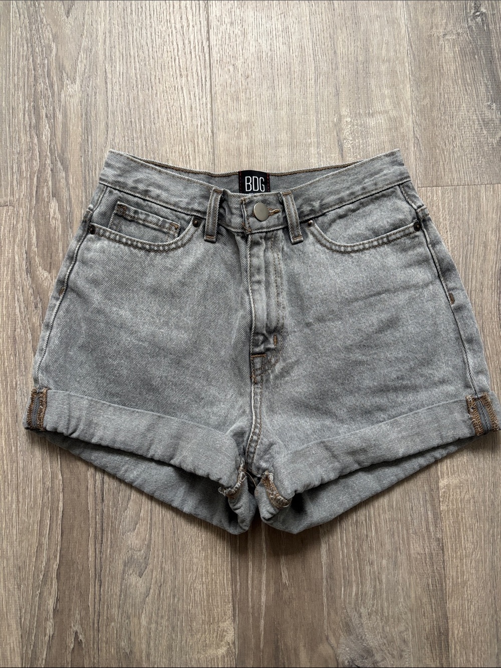 BDG Washed Gray High-Rise Denim Roll-Hem Shorts